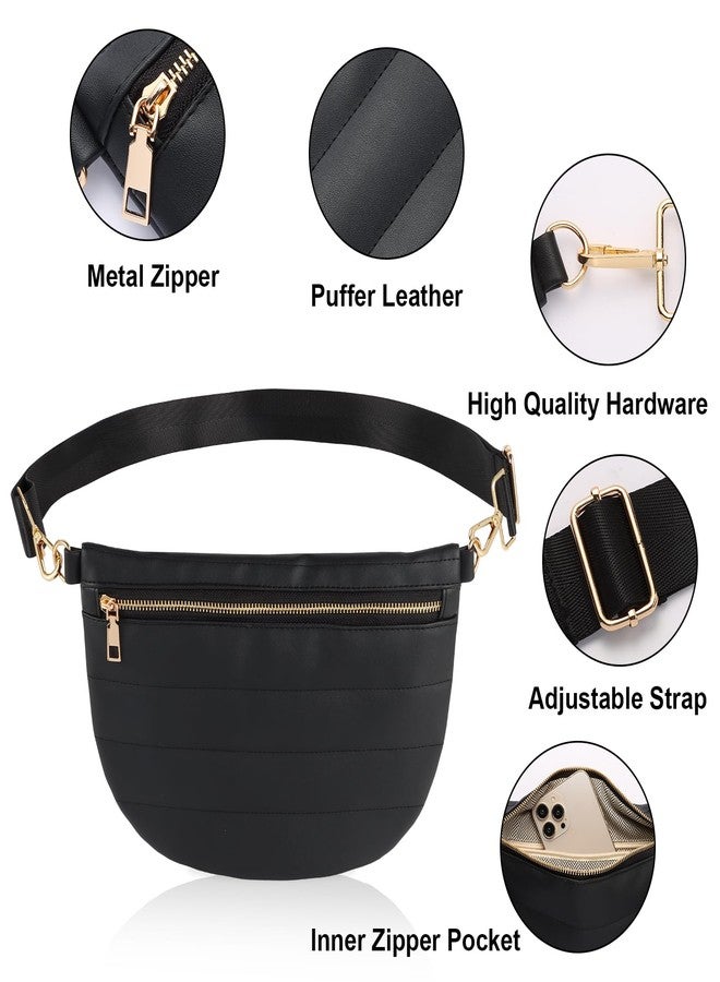 Dealkion Quilted Puffer Leather Belt Bag for Women Puffer Crossbody Bags Puffy Sling Belt Bag Fanny Pack Bum Waist Chest Shoulder Bag for Women-Black - Image 4